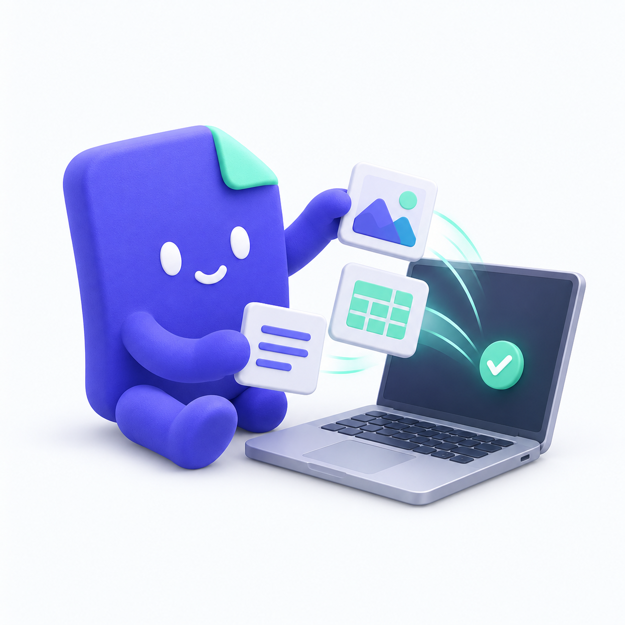 A smiling purple file mascot organizing image, spreadsheet and document tiles beside a laptop